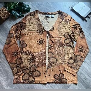 Chico's Travelers Bohemian Neutral Floral & Animal Print Tie Front Cardigan Sz 8